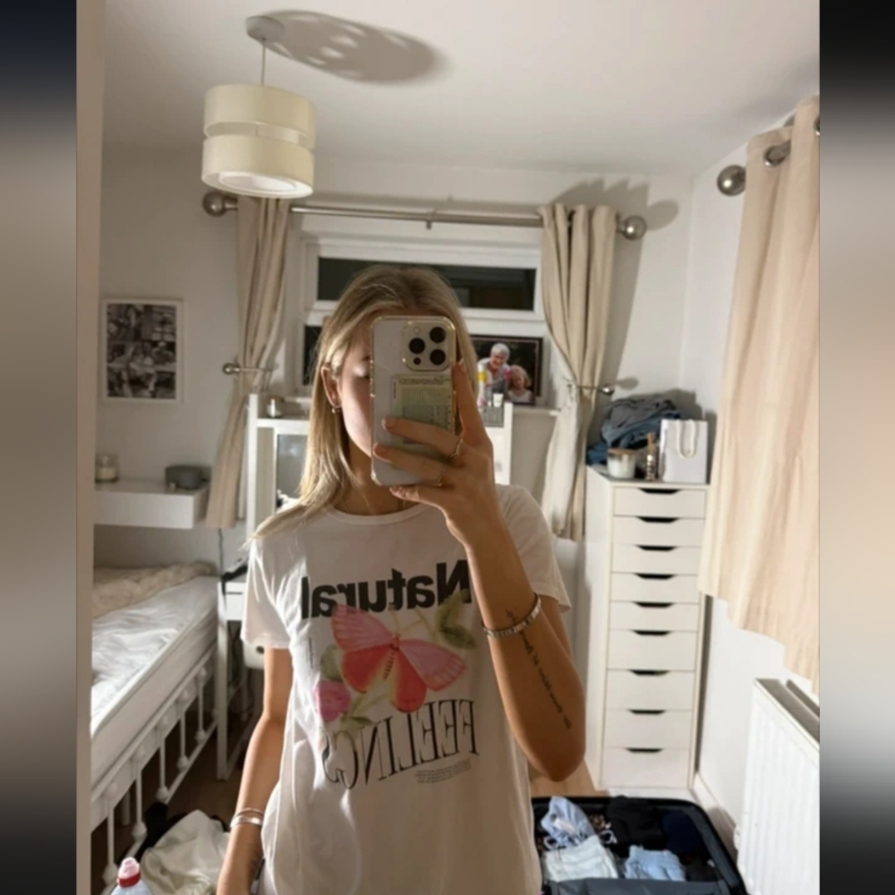Stradivarius Cream T-Shirt with Black Text
